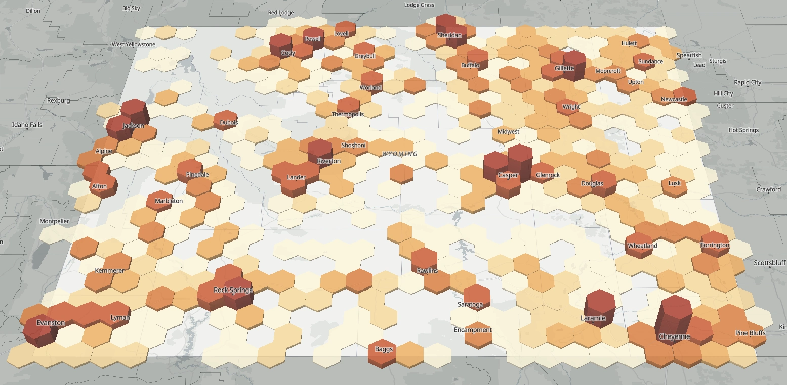 The real EcosAtlas Wyoming map, showing raised hexagons and business activity across the state.